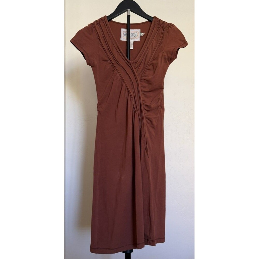 Aventura Brown Sheath Dress XS V-Neck Draped Cap Sleeve Knee Stretch Jersey